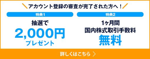 アカウント登録される方へ 特典1、抽選で2000円プレゼント。特典2、1ヶ月間国内株式取引手数料無料。 詳しくはこちら