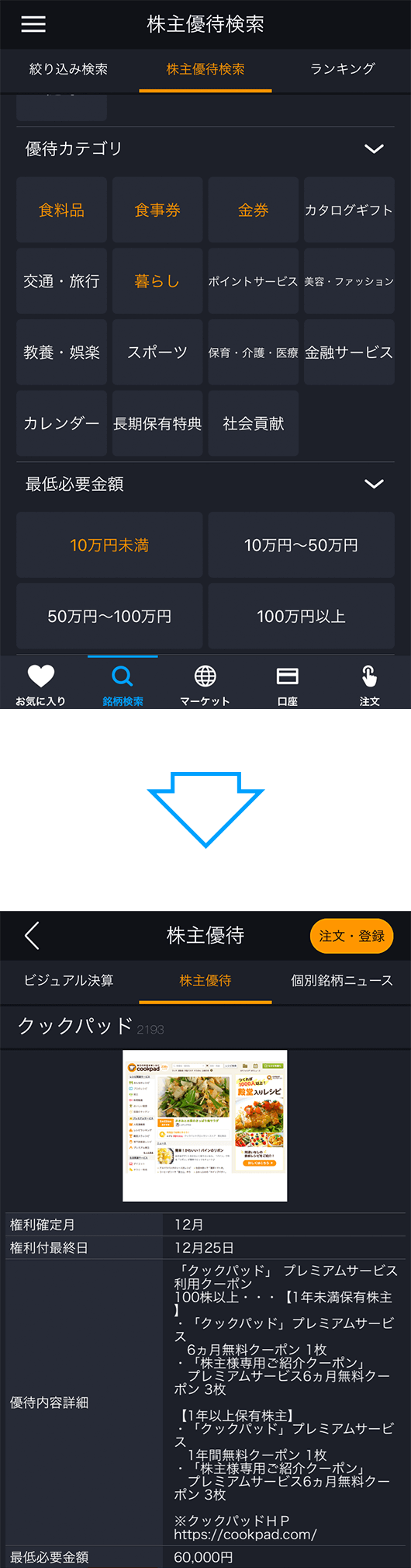 株主優待検索画面