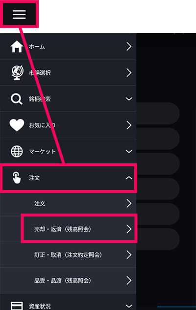 スマホアプリ『DMM株』ノーマルモード メニュー画面(残高照会)